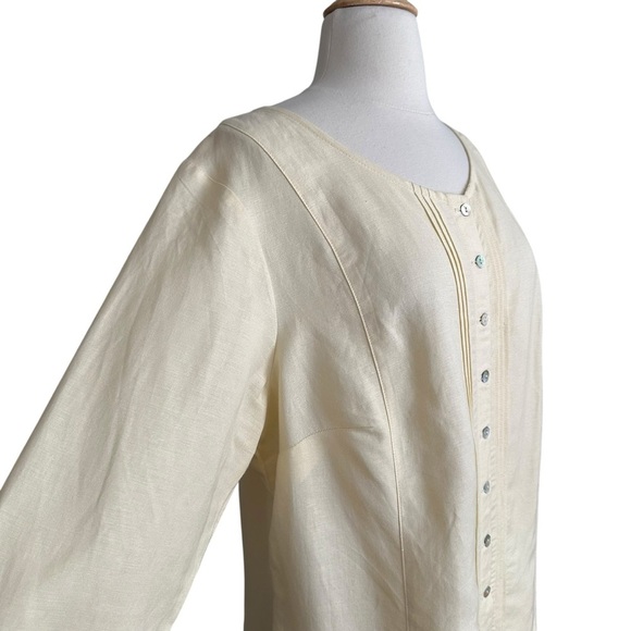 AVENUE Pale Yellow Pintuck Linen Blend Tunic Blouse Mother of Pearl Button Front - Picture 5 of 14